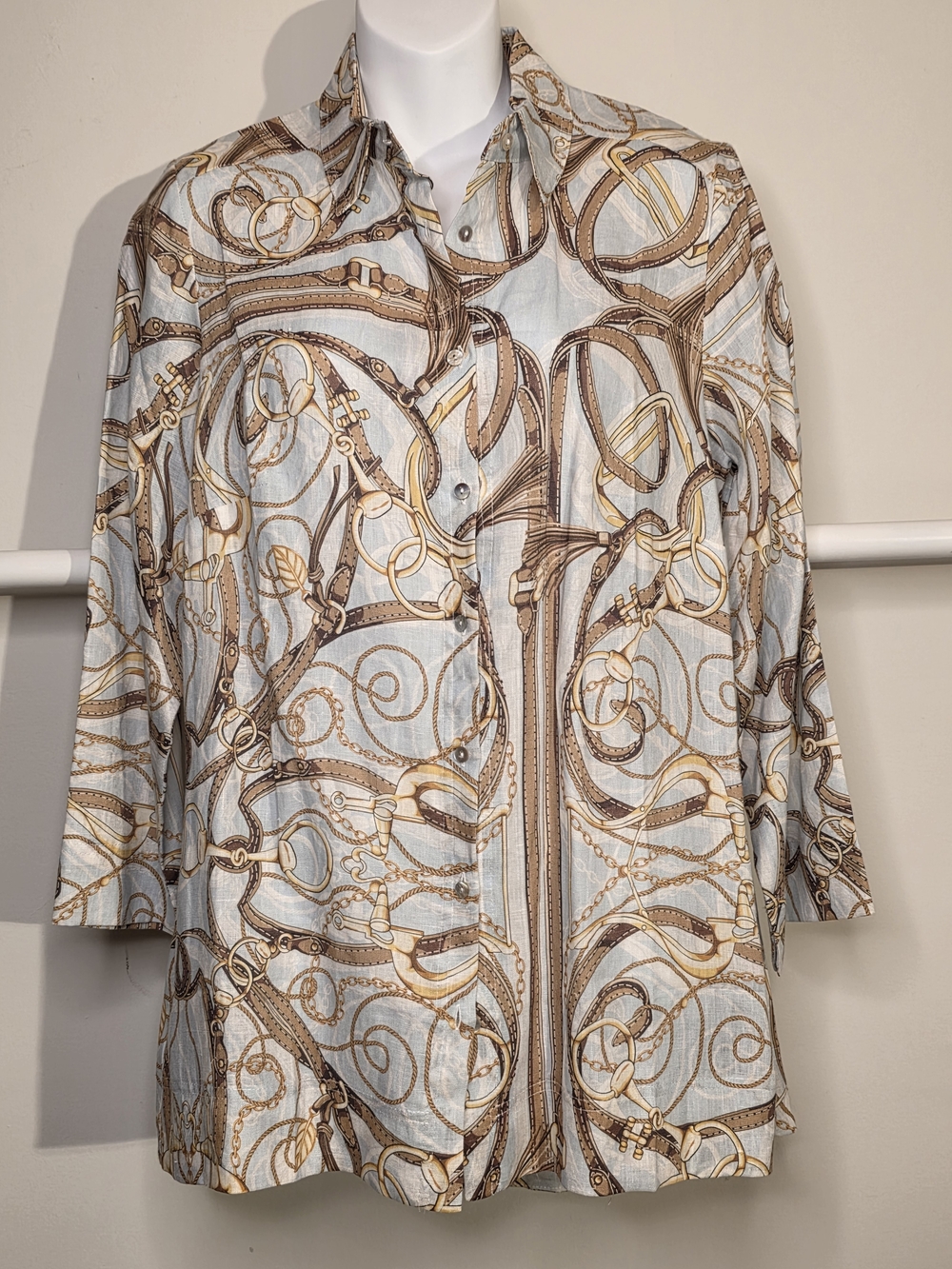 Chain Link Staus Print 100% Linen Shirt By I LINEN— Pale Blue And Tans